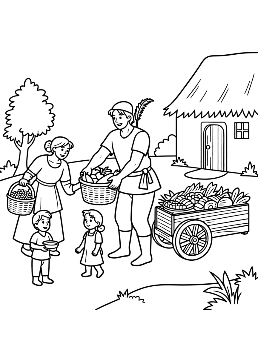 Robin Hood and Little John helping a poor family.