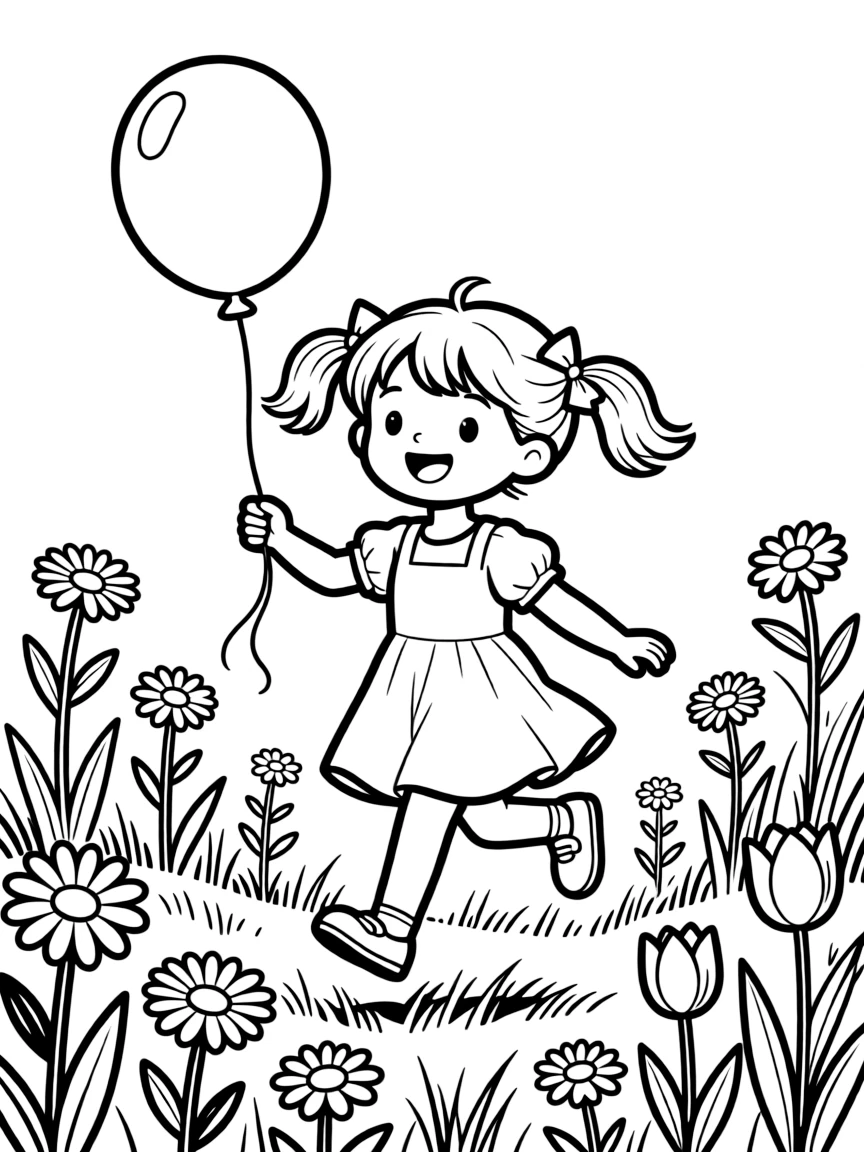 A happy little girl with pigtails, holding a balloon and skipping through a field of wildflowers.