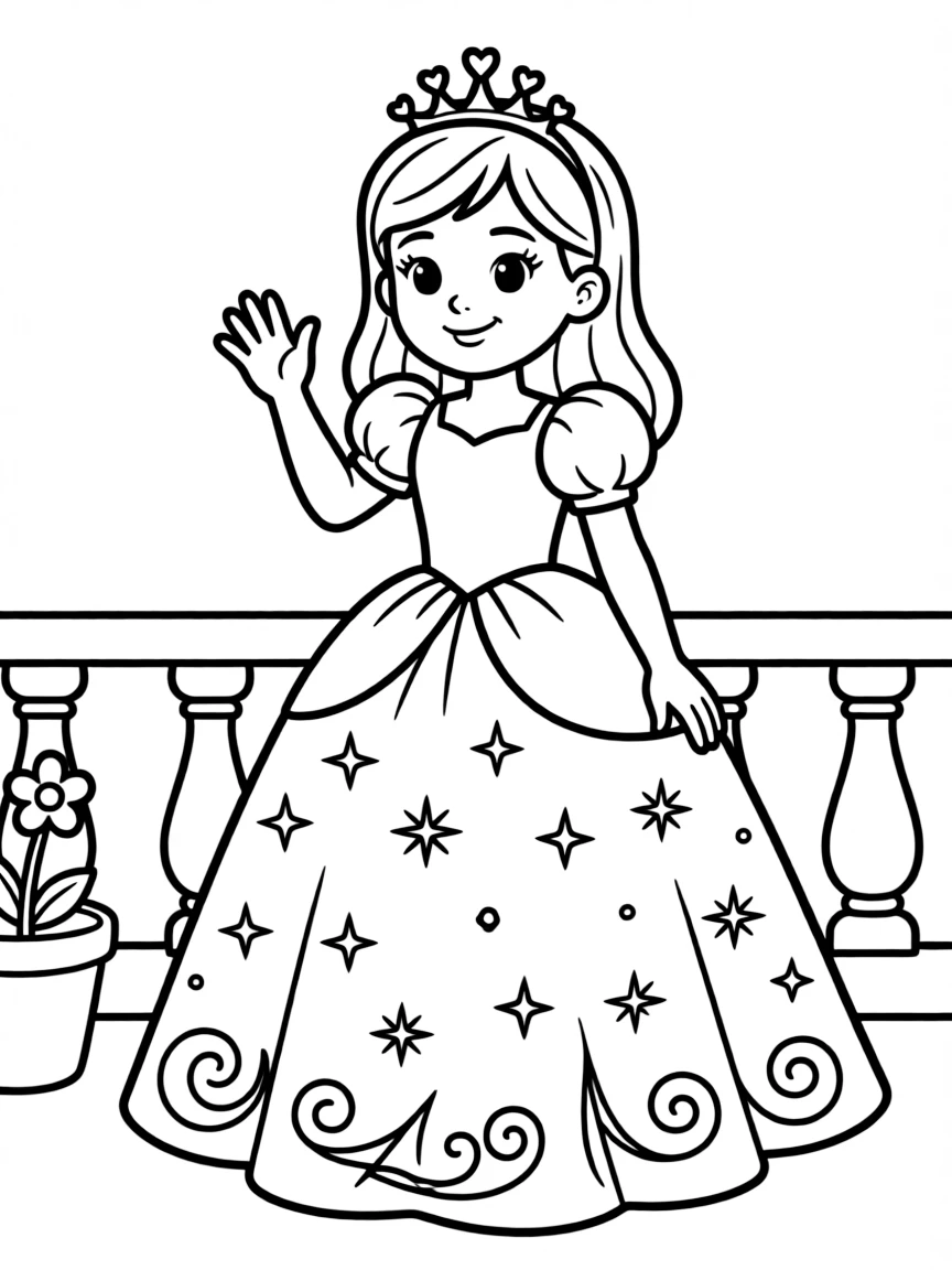 A girl dressed as a princess, wearing a sparkly gown and a tiara, waving from a balcony.