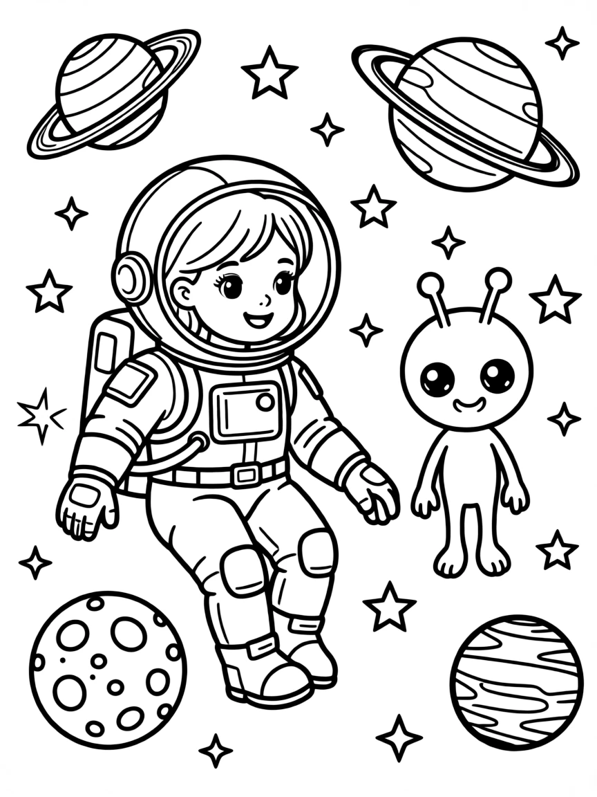 A girl astronaut floating in space next to a friendly alien, surrounded by stars and planets.