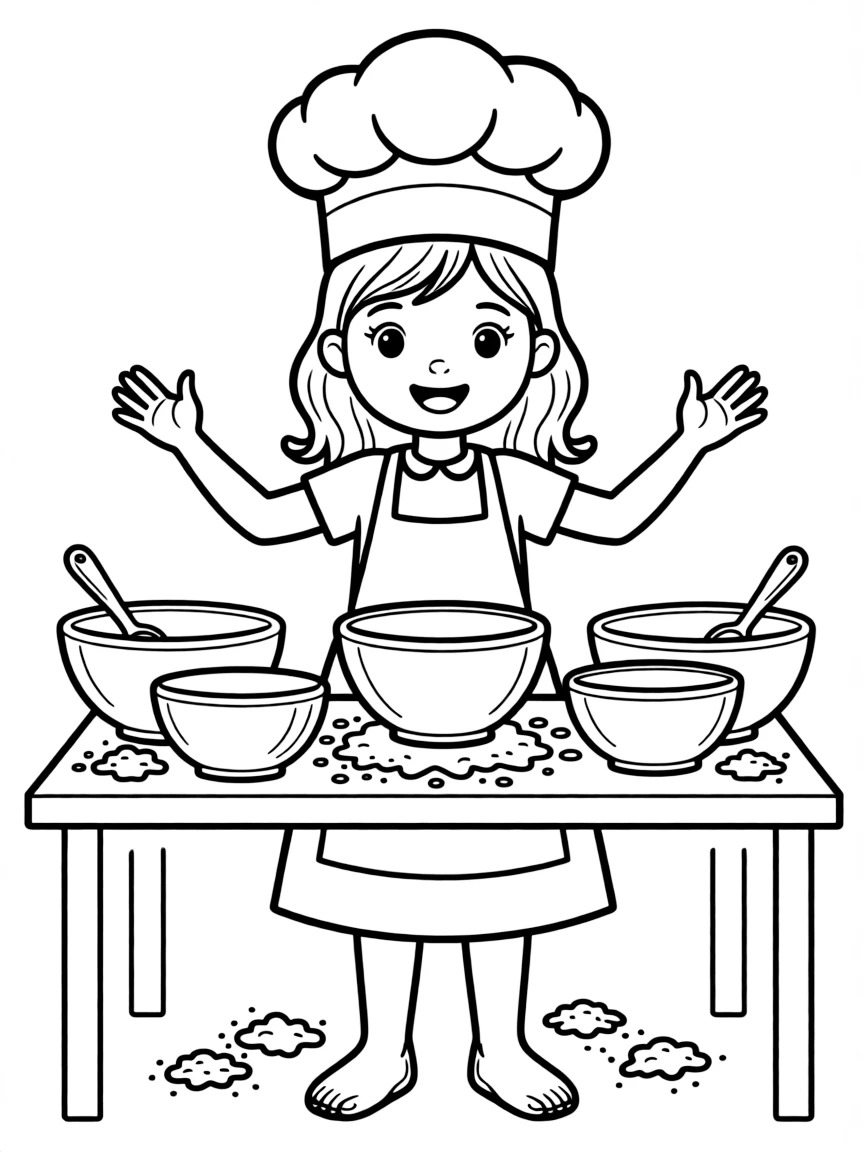 A girl baking cookies with a chef's hat, surrounded by mixing bowls and spilled flour.