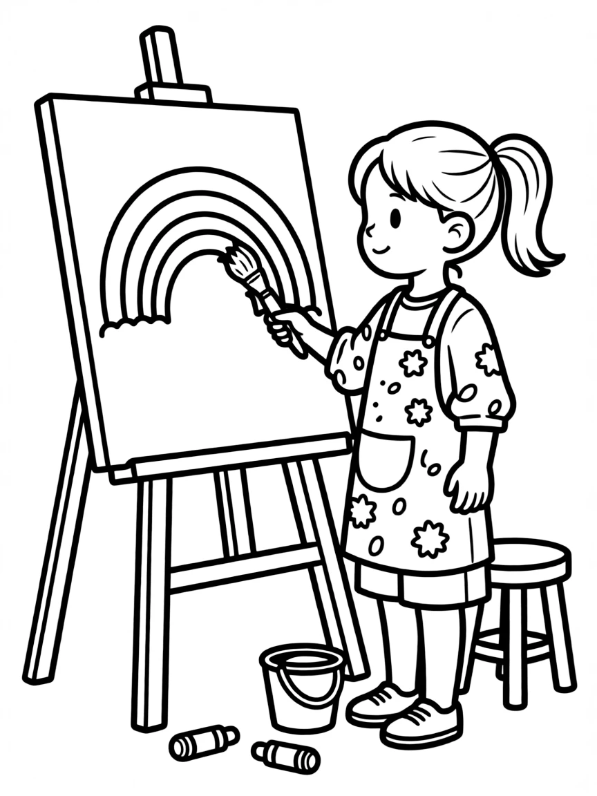 A girl artist painting a rainbow on an easel, with paint splatters on her smock.