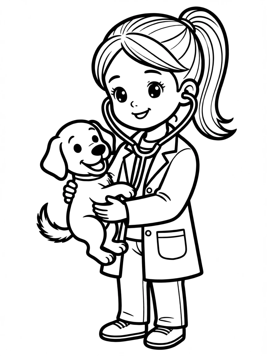 A girl veterinarian gently holding a puppy, with a stethoscope around her neck.