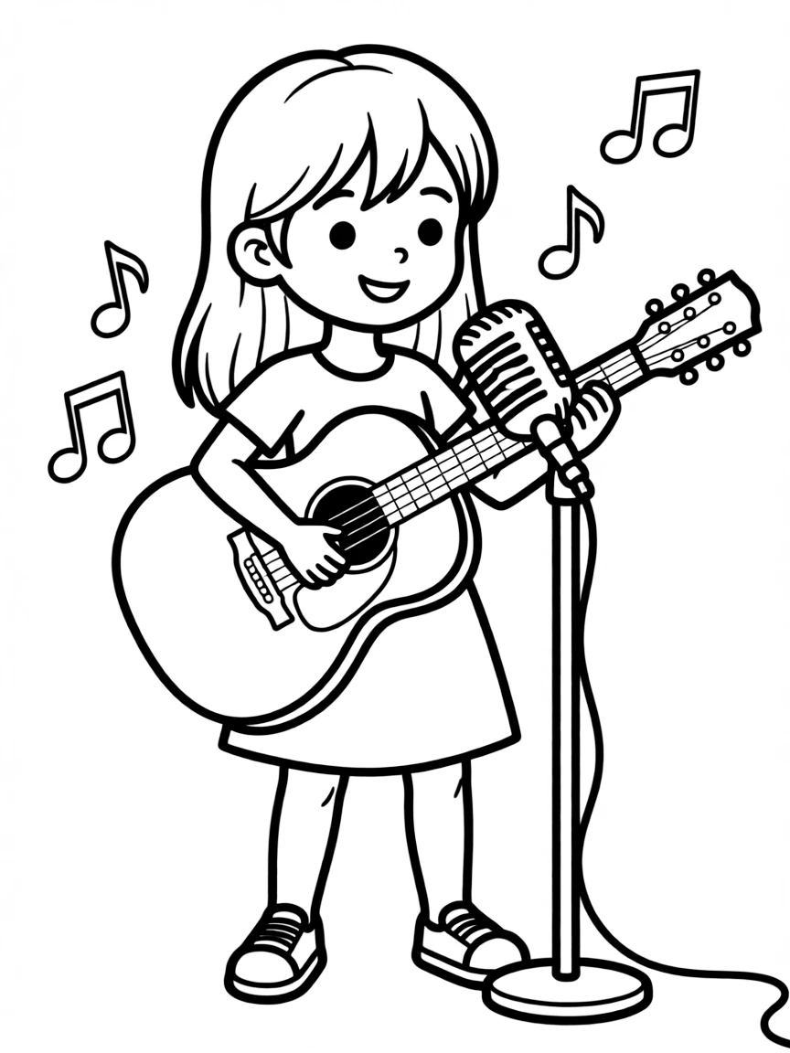 A girl playing a guitar and singing into a microphone, with musical notes floating around her.