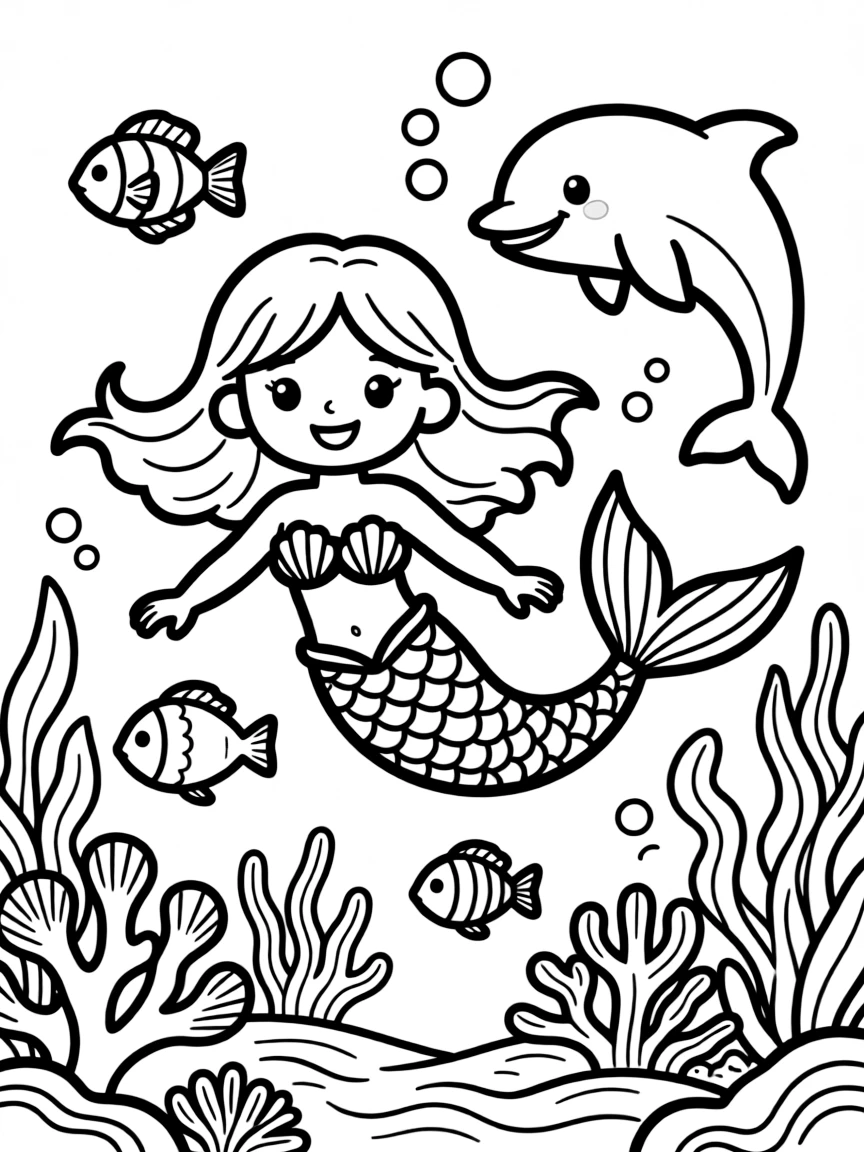 A girl mermaid swimming with colorful fish and a friendly dolphin in an underwater coral reef.