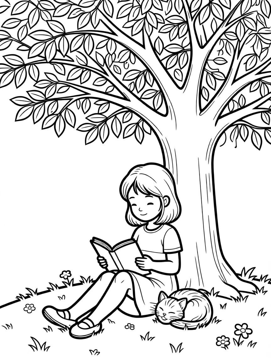 A girl reading a book under a big, shady tree, with a kitten napping beside her.