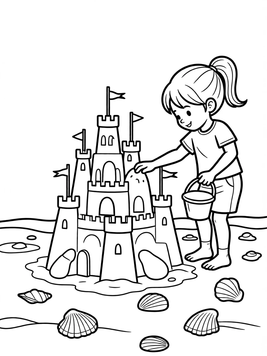 A girl building a towering sandcastle on the beach, with seashells scattered around.