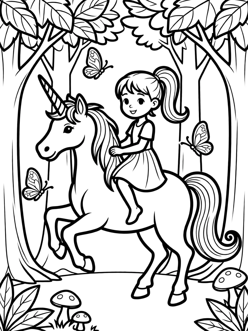 A girl riding a unicorn through a magical forest, with butterflies fluttering around them.