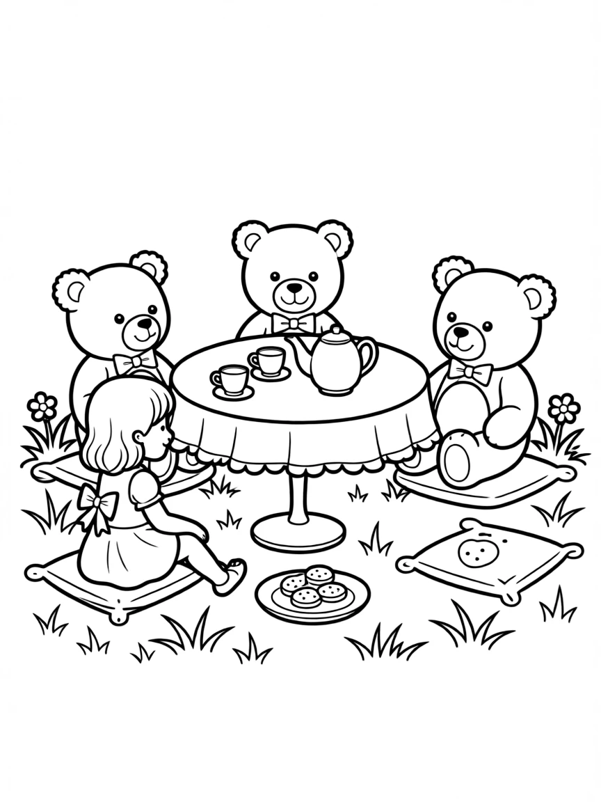 A girl having a tea party with her teddy bears, with tiny teacups and a teapot.