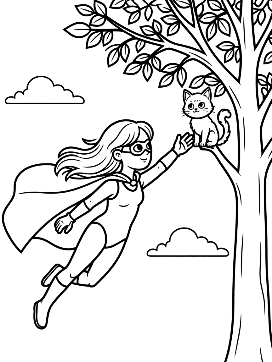 A girl superhero flying through the sky, wearing a cape and a mask, rescuing a kitten from a tree.