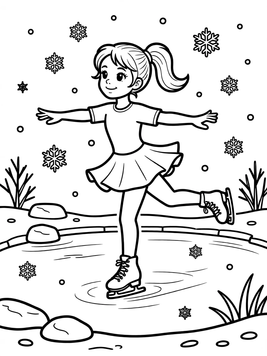 A girl ice skater gracefully spinning on a frozen pond, with snow falling gently.