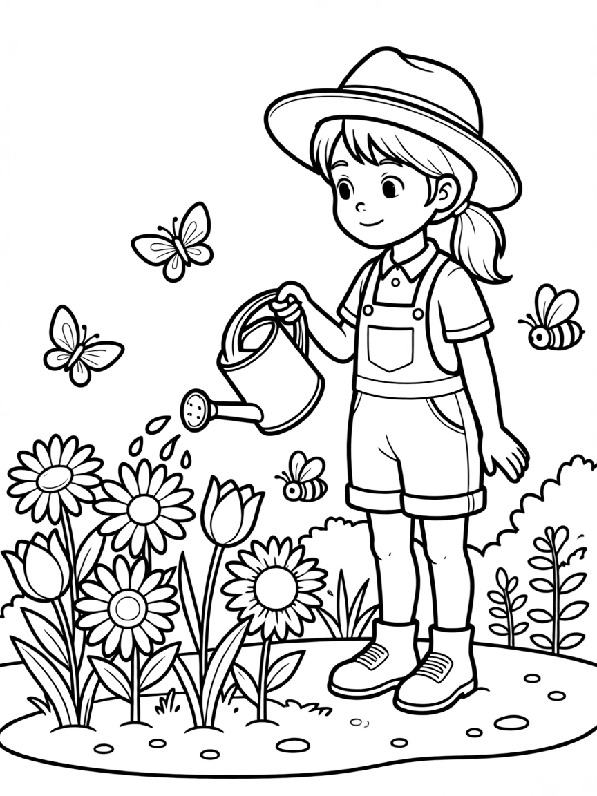 A girl gardener watering flowers in a vibrant garden, with butterflies and bees buzzing around.