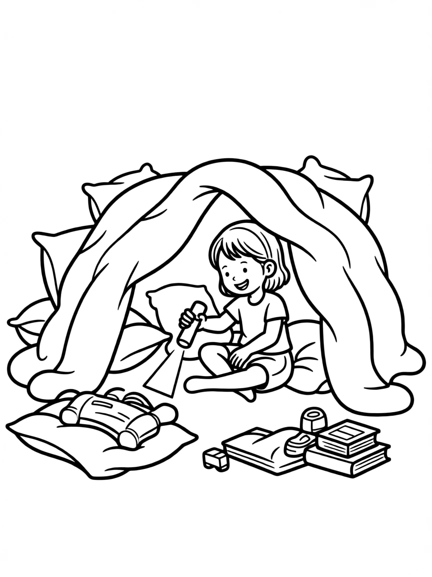 A girl building a fort out of blankets and pillows, with a flashlight inside.