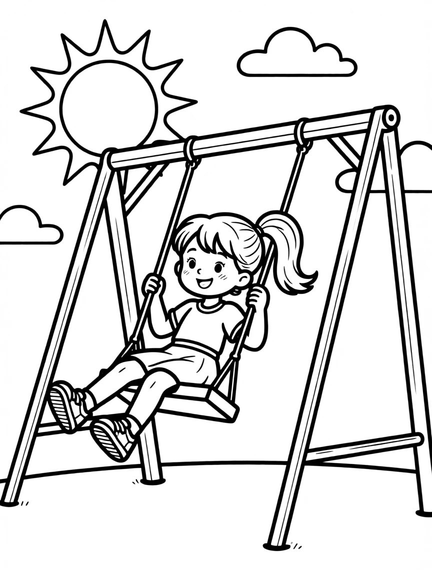 A girl on a swing set, swinging high up into the sky, with the sun shining behind her.