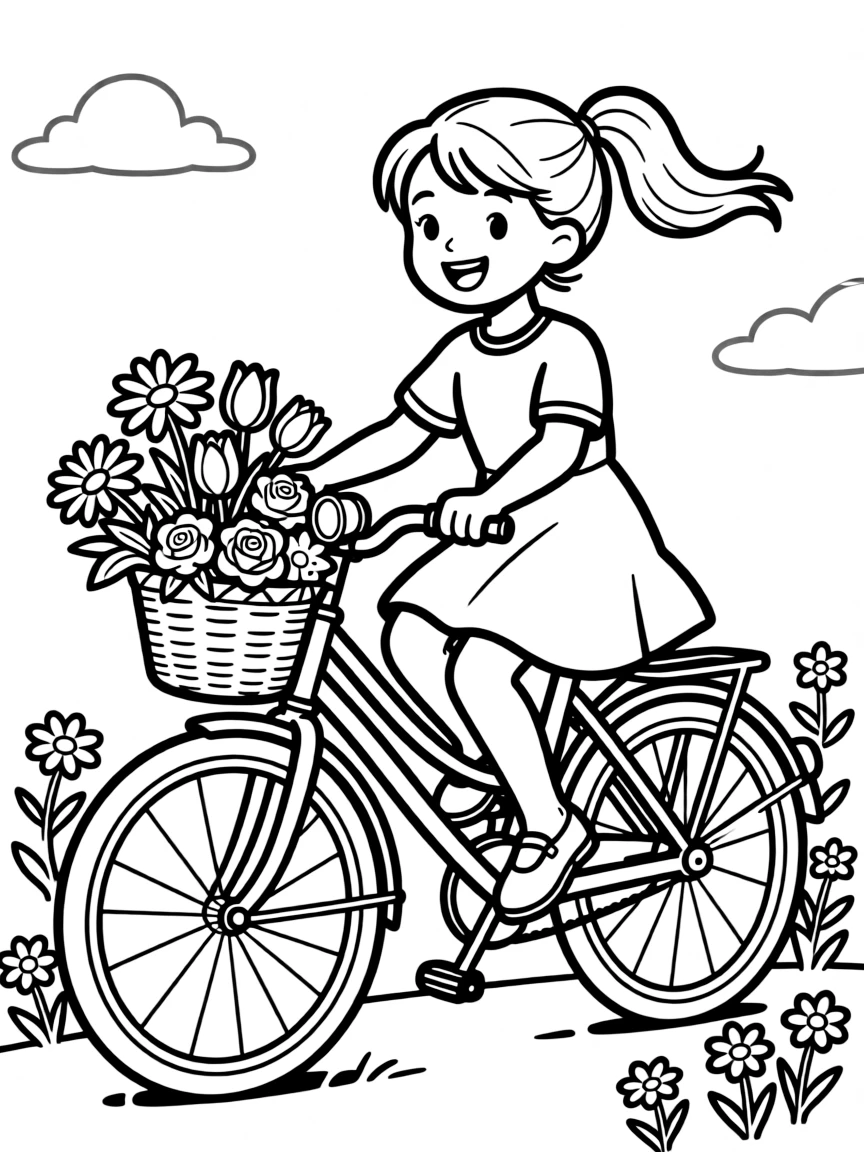 A girl riding a bicycle with a basket full of flowers, smiling as she pedals.
