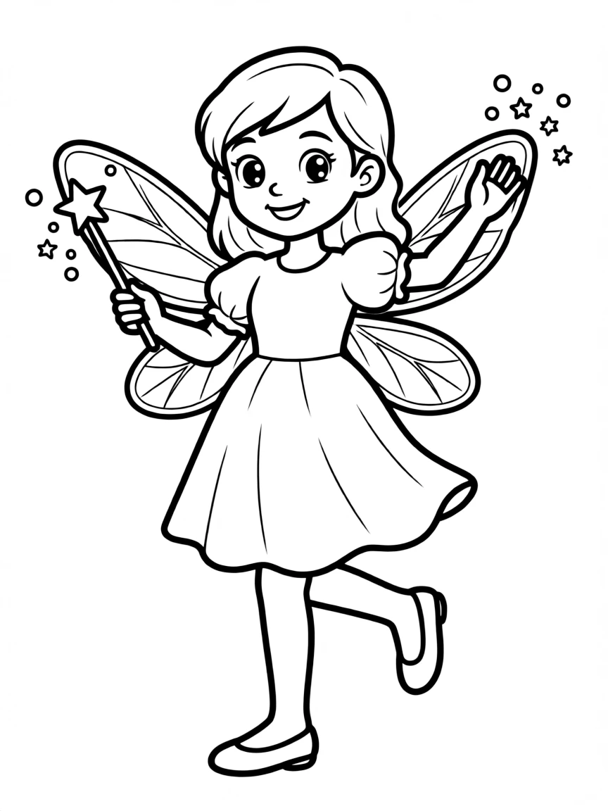 A girl dressed as a fairy, with delicate wings and a magic wand, sprinkling fairy dust.