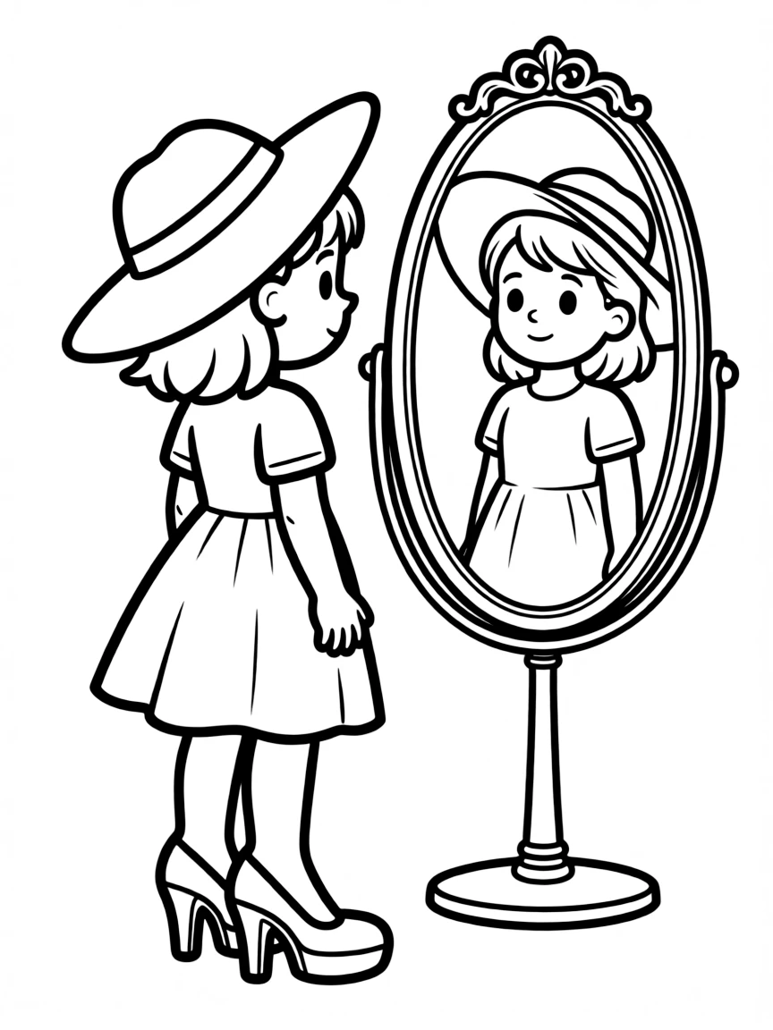 A girl playing dress-up in her mom's high heels and a big hat, looking in a mirror.