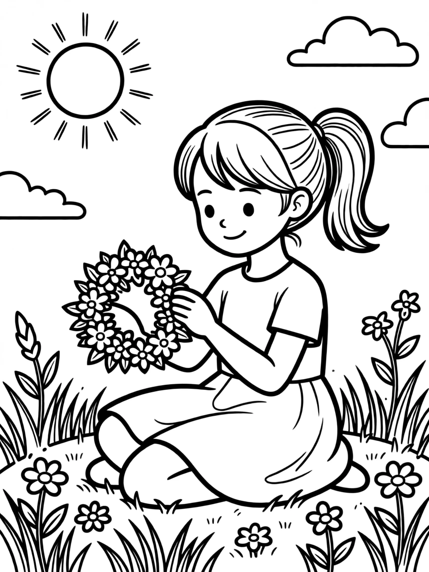 A girl making a flower crown with fresh flowers in a sunny meadow.