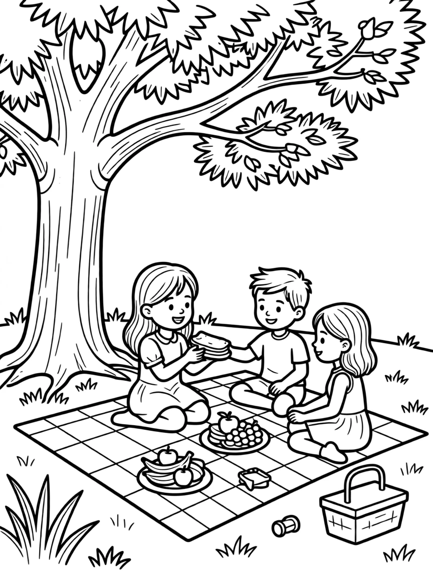 A girl having a picnic with her friends, sharing sandwiches and fruit under a big tree.