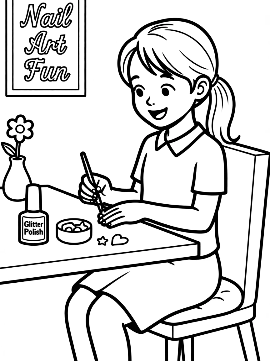 A girl painting her nails with glitter polish, looking happy and stylish.
