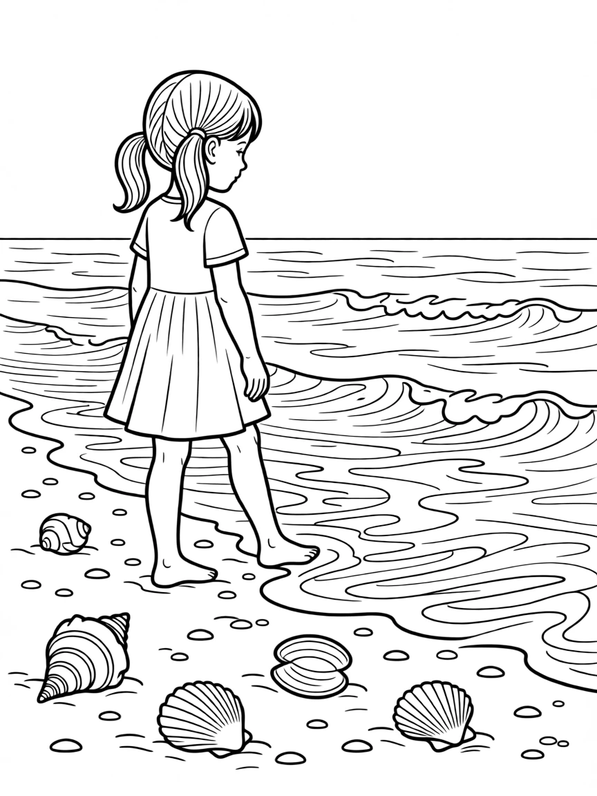 A girl collecting seashells on the beach, with waves gently lapping at her feet.