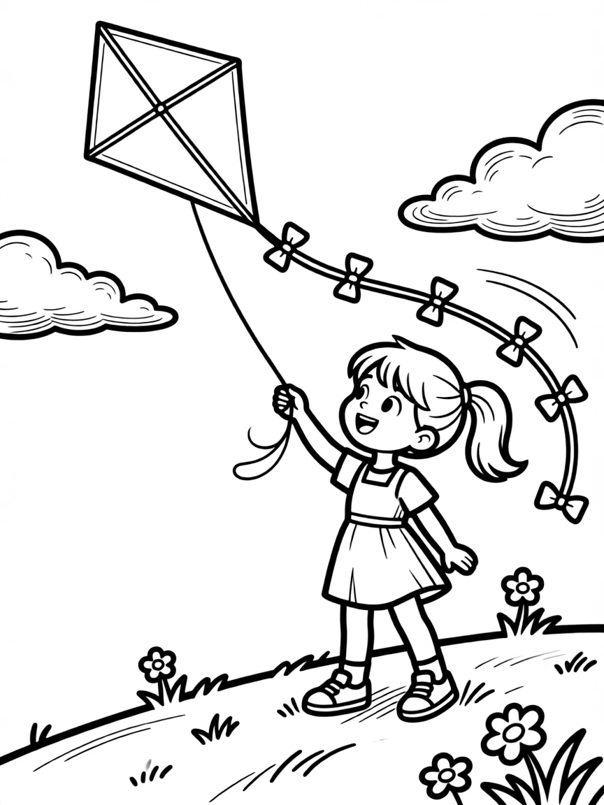 A girl playing with a kite on a windy day, watching it soar high in the sky.