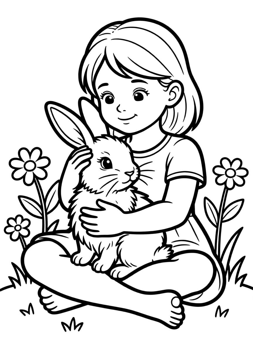 A girl cuddling with a fluffy bunny, stroking its soft fur.