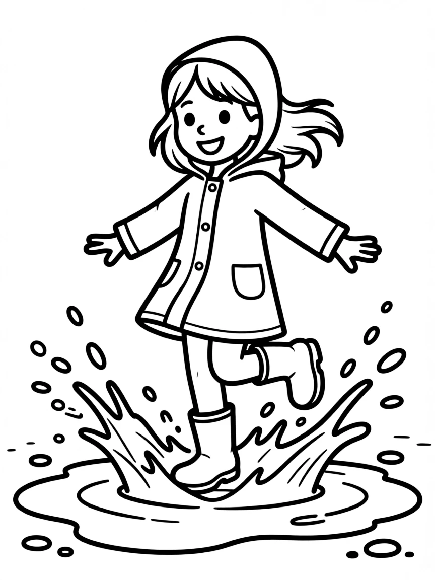 A girl in a rain slicker and boots, jumping in a puddle, splashing water everywhere.