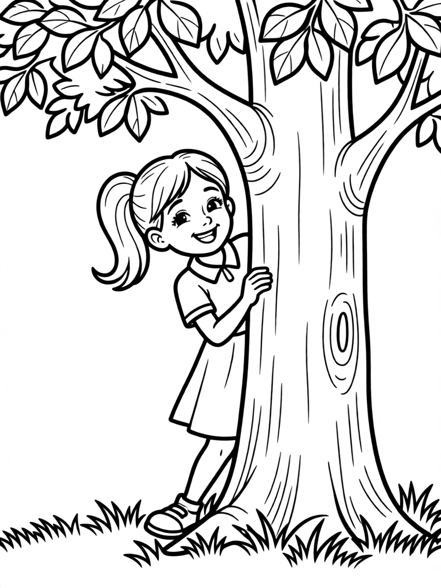 A girl playing hide-and-seek, peeking out from behind a tree with a playful grin.