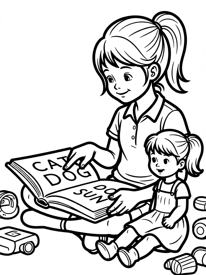 A girl teaching her doll how to read, pointing to words in a book.