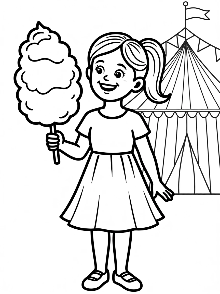 A girl at a fair, holding a cotton candy stick and smiling.