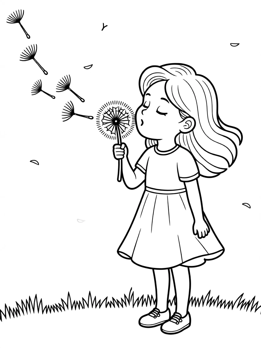 A girl blowing dandelions and making a wish, with fluffy seeds floating away.