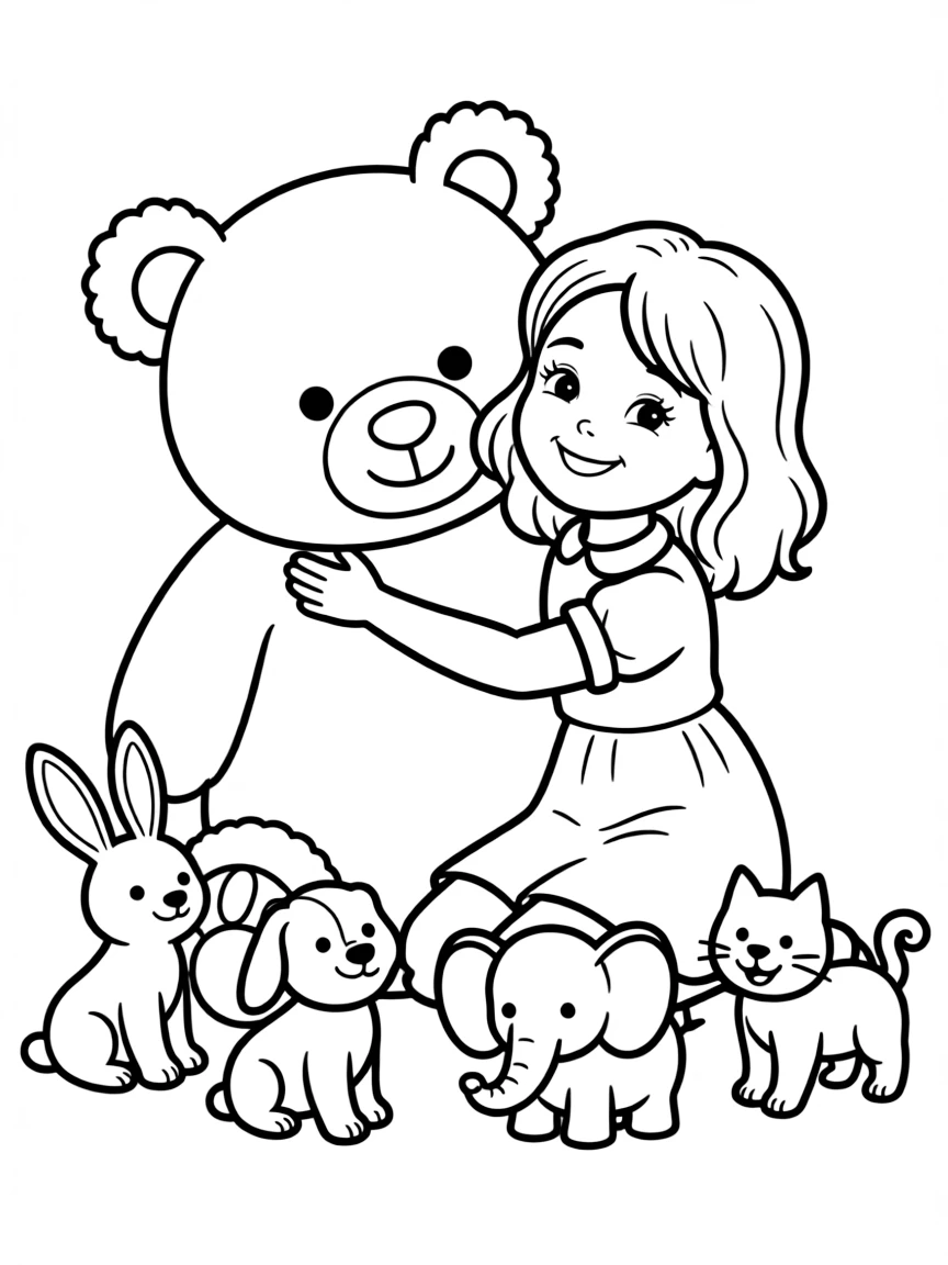 A girl hugging a big, fluffy teddy bear, surrounded by stuffed animals.