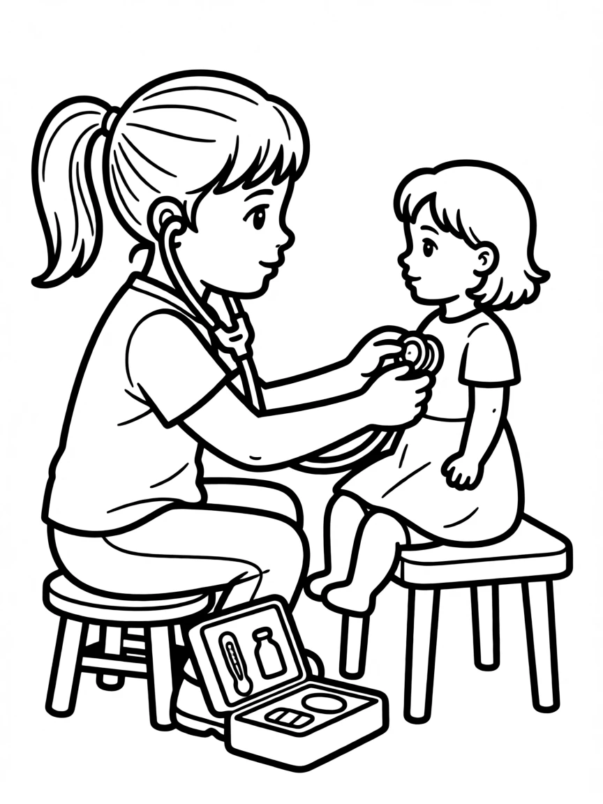 A girl pretending to be a doctor, giving her doll a check-up with a toy stethoscope.