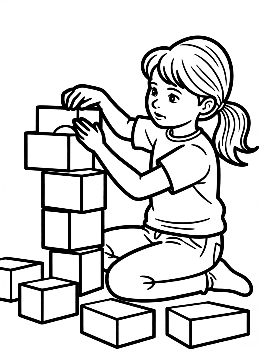 A girl building a tower of colorful blocks, concentrating hard.