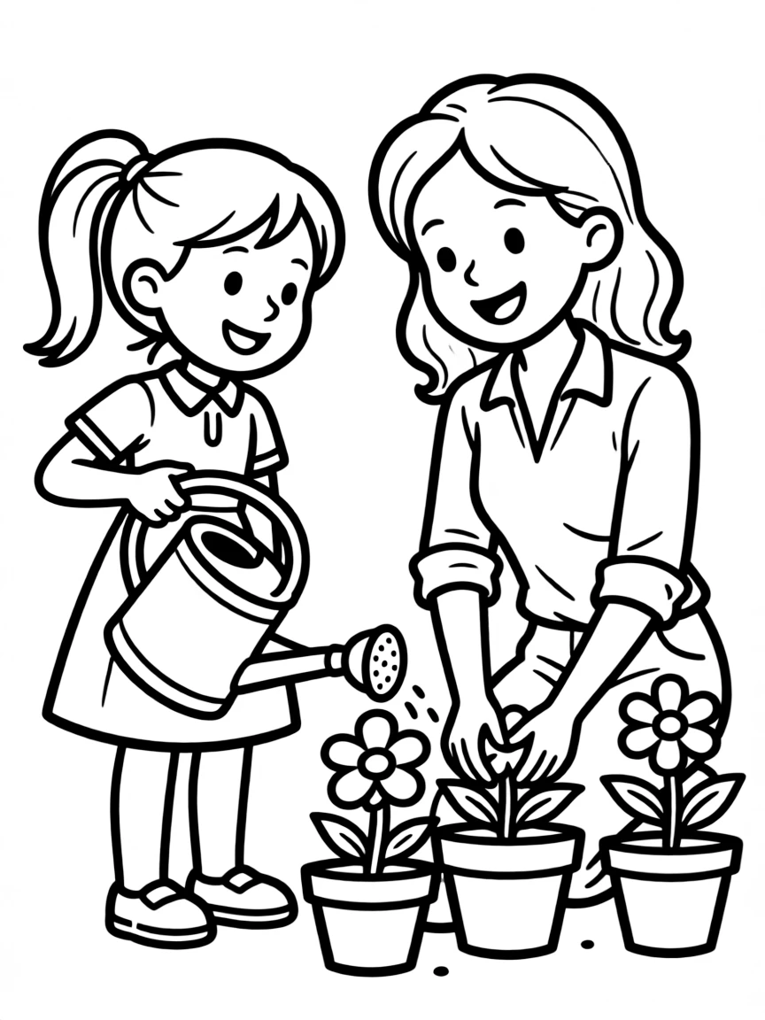 A girl with a watering can, helping her mom plant flowers in pots.