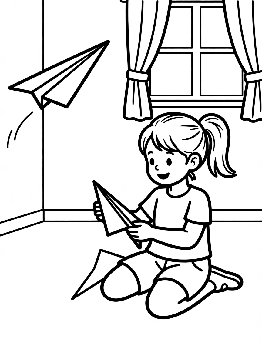 A girl making a paper airplane and watching it fly across the room.