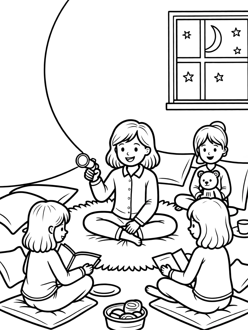 A girl having a pajama party with her friends, telling stories with flashlights.