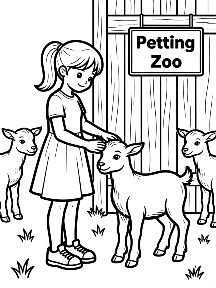 A girl at a petting zoo, gently stroking a baby goat.