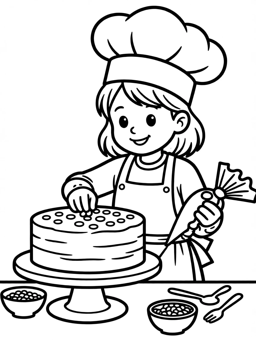 A girl in a chef's hat, decorating a cake with sprinkles and frosting.