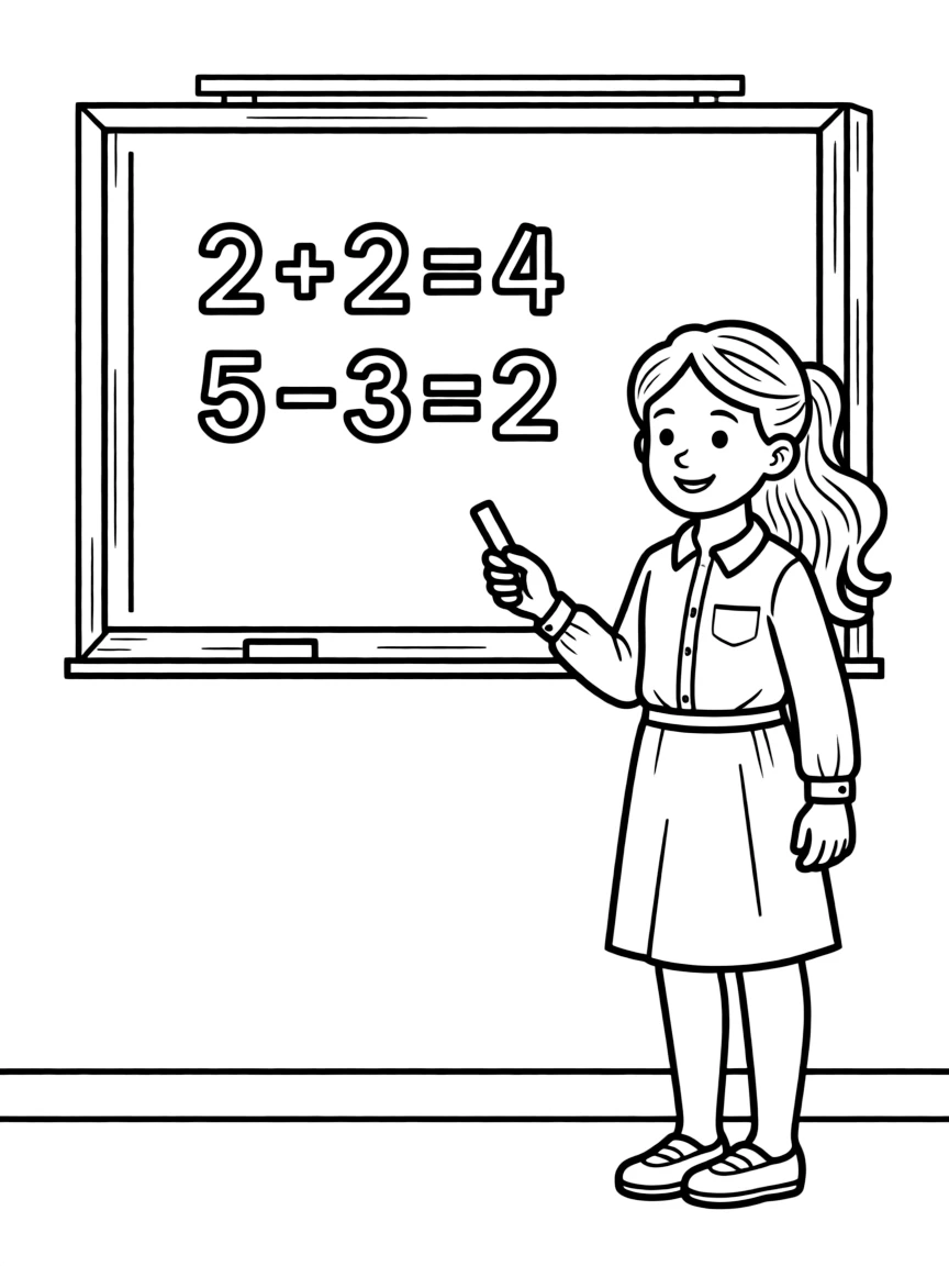 A girl pretending to be a teacher, standing in front of a chalkboard.
