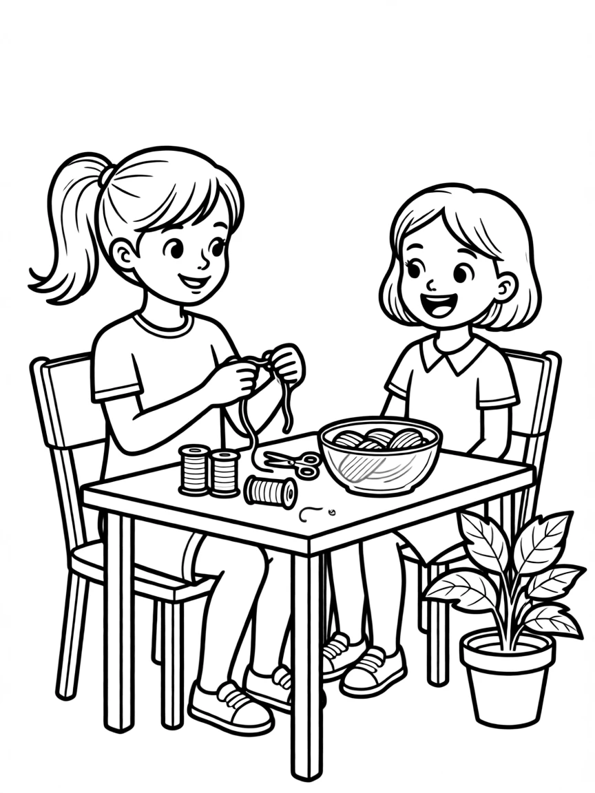 A girl making a friendship bracelet for her best friend.