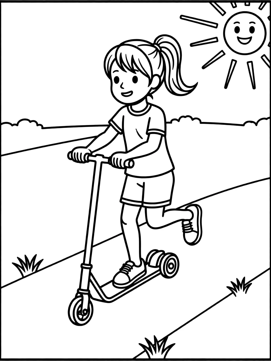 A girl riding a scooter down a sunny sidewalk.