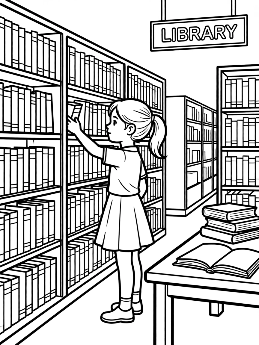 A girl at a library, surrounded by bookshelves, choosing a book to read.