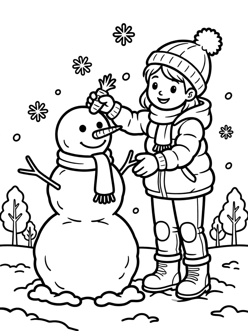 A girl making a snowman, adding a carrot nose and button eyes.