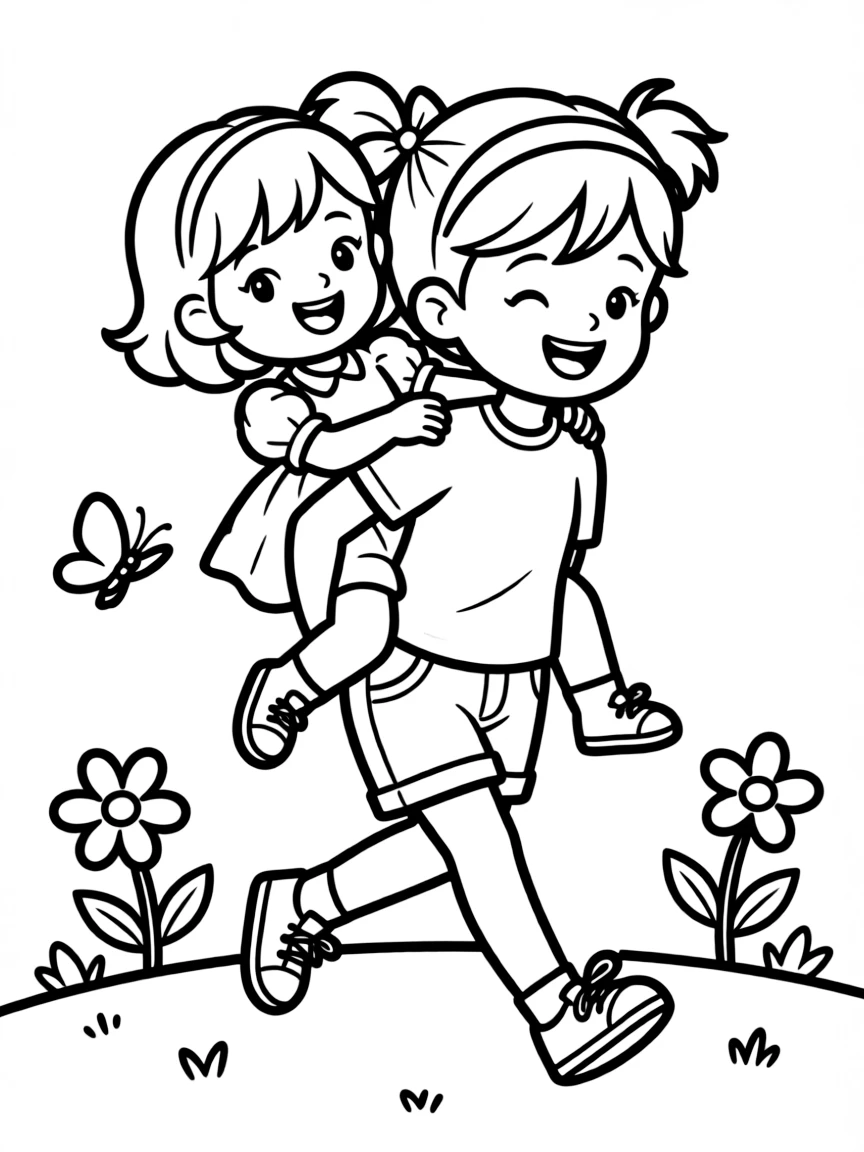A girl giving her doll a piggyback ride.