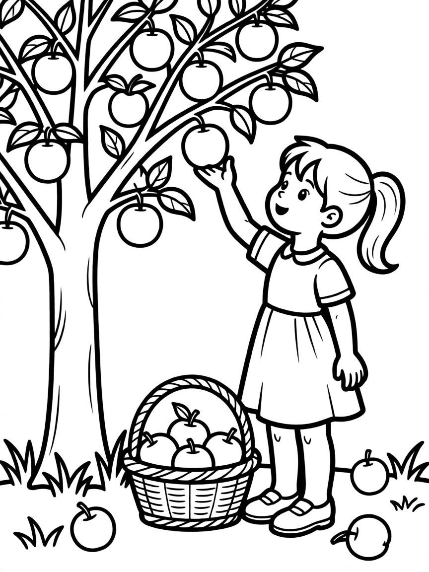 A girl picking apples from a tree, with a basket full of apples.