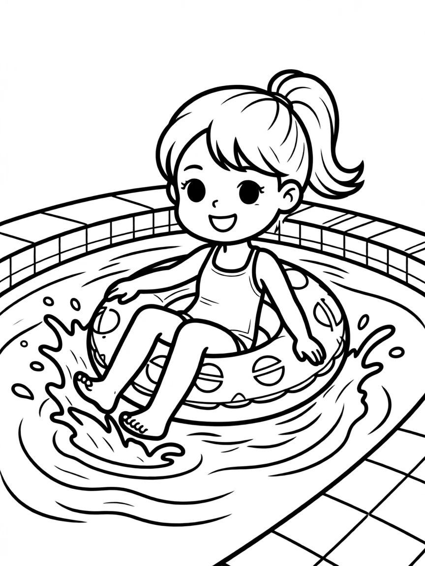 A girl in a swimsuit, splashing in a swimming pool with a floatie.