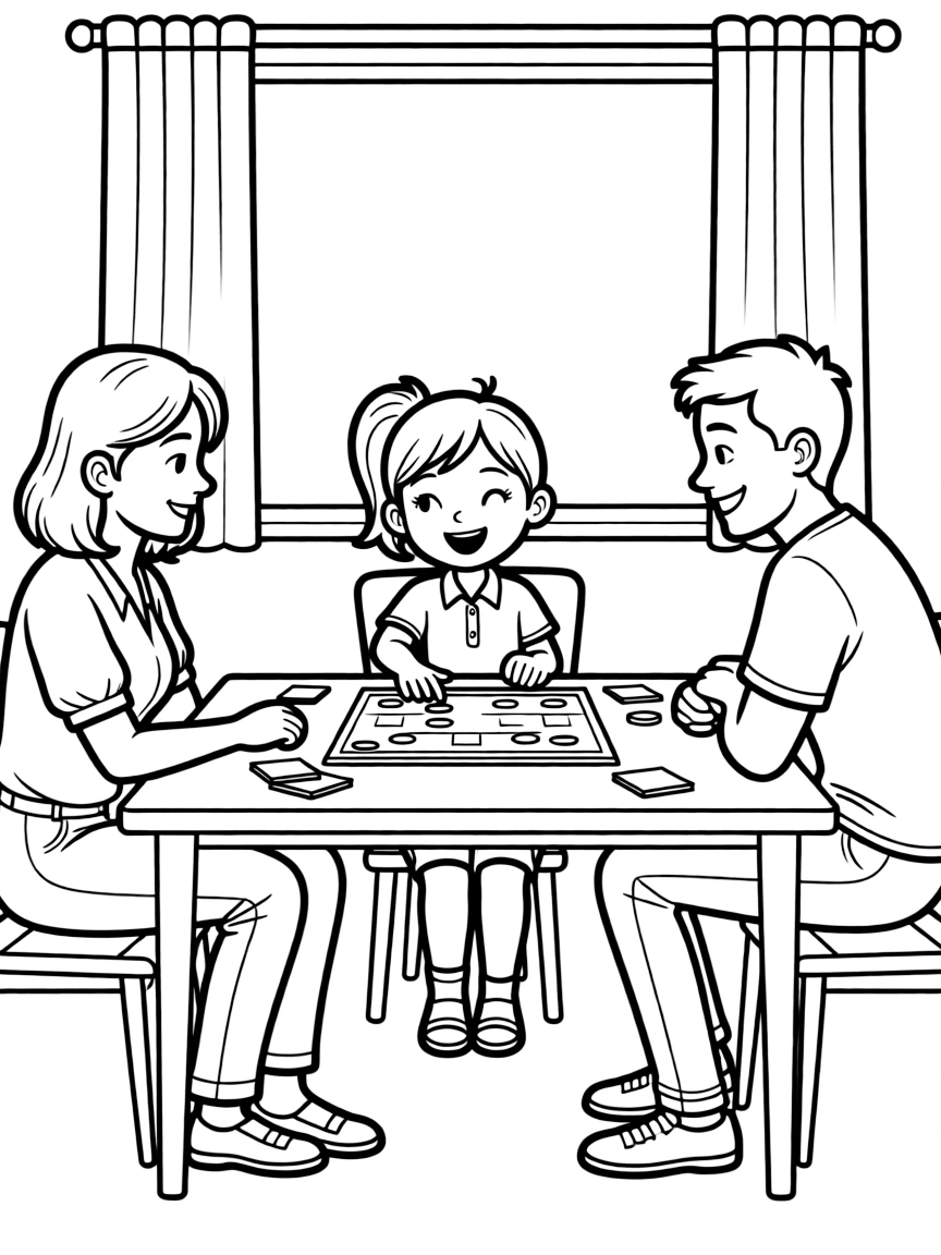 A girl playing a board game with her family, smiling and having fun.