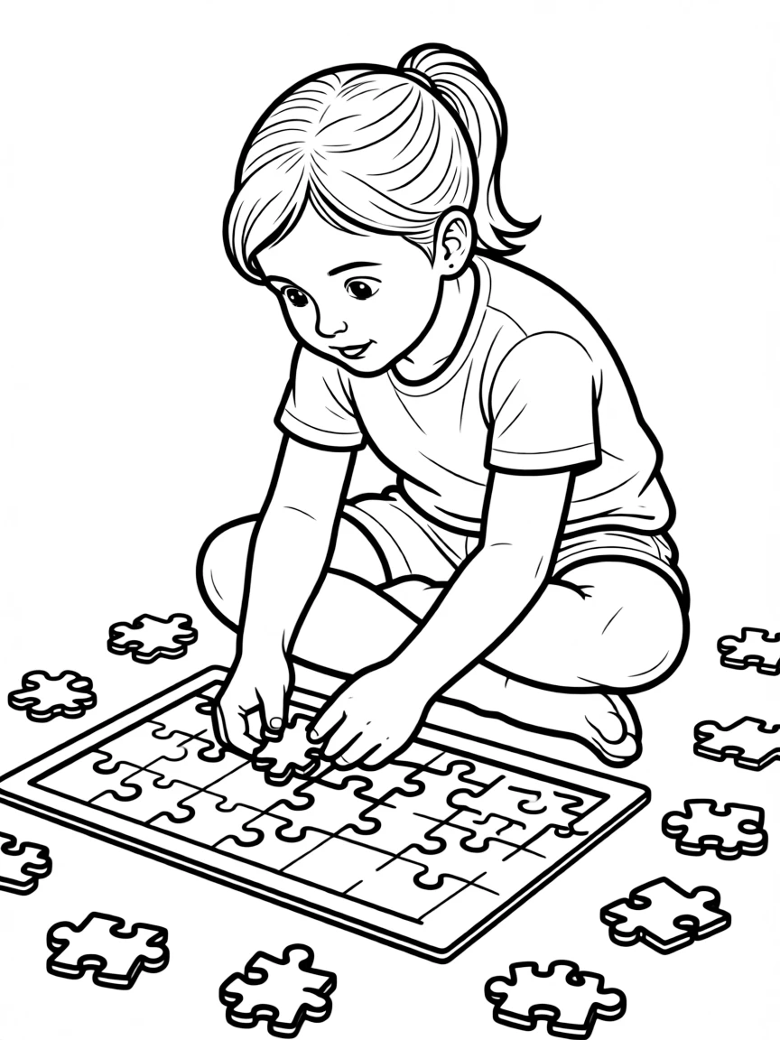 A girl putting together a jigsaw puzzle, looking for the last piece.